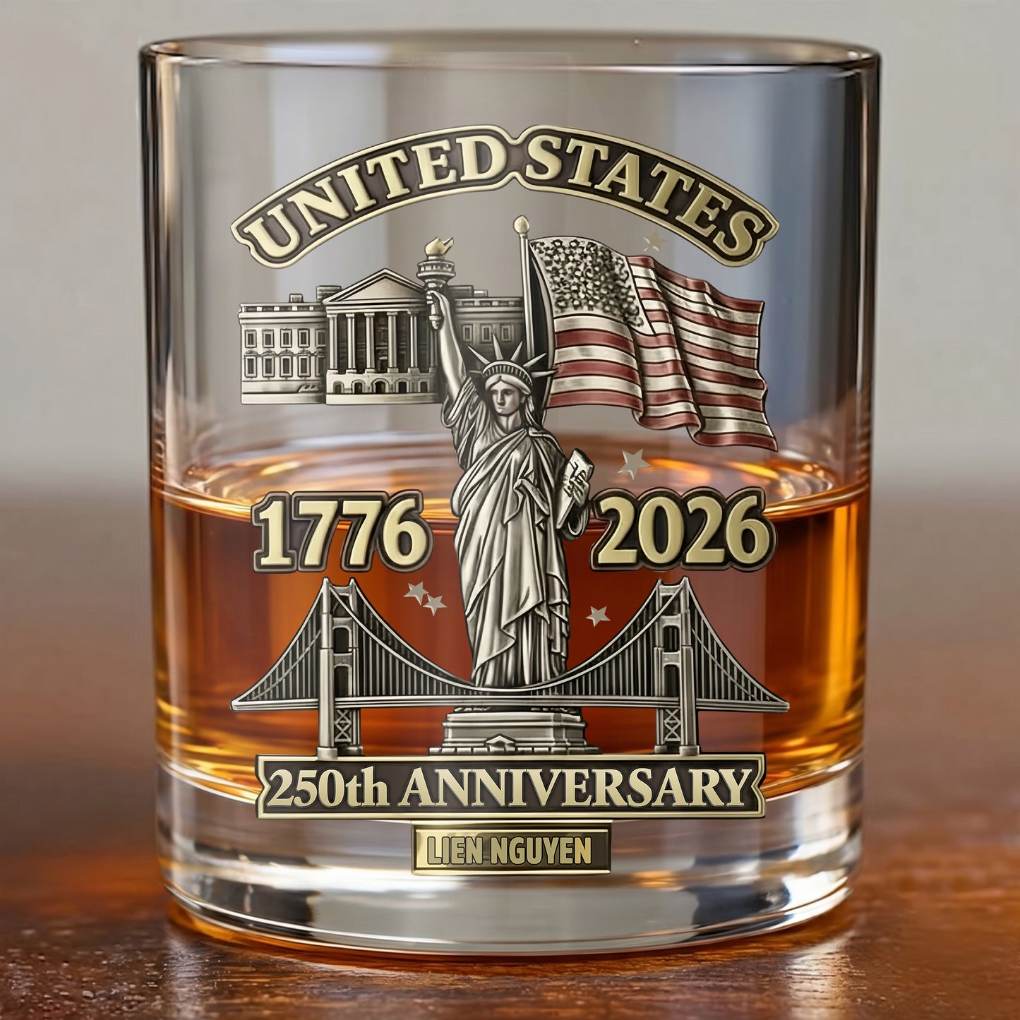 Personalized USA 250th Anniversary Whiskey Glass - Custom Landmark Gift