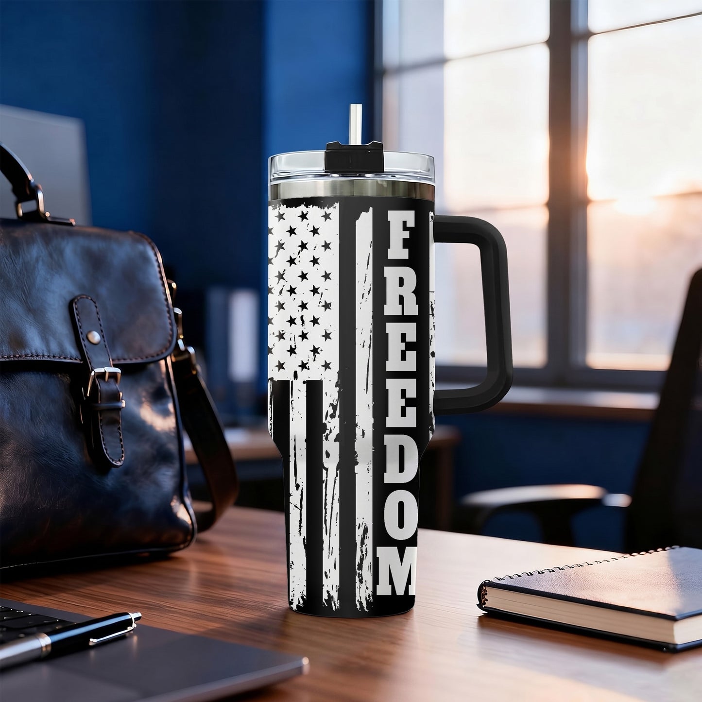 Freedom Eagle American Flag 40oz Tumbler with Handle Patriotic Stainless Steel Travel Mug with Straw