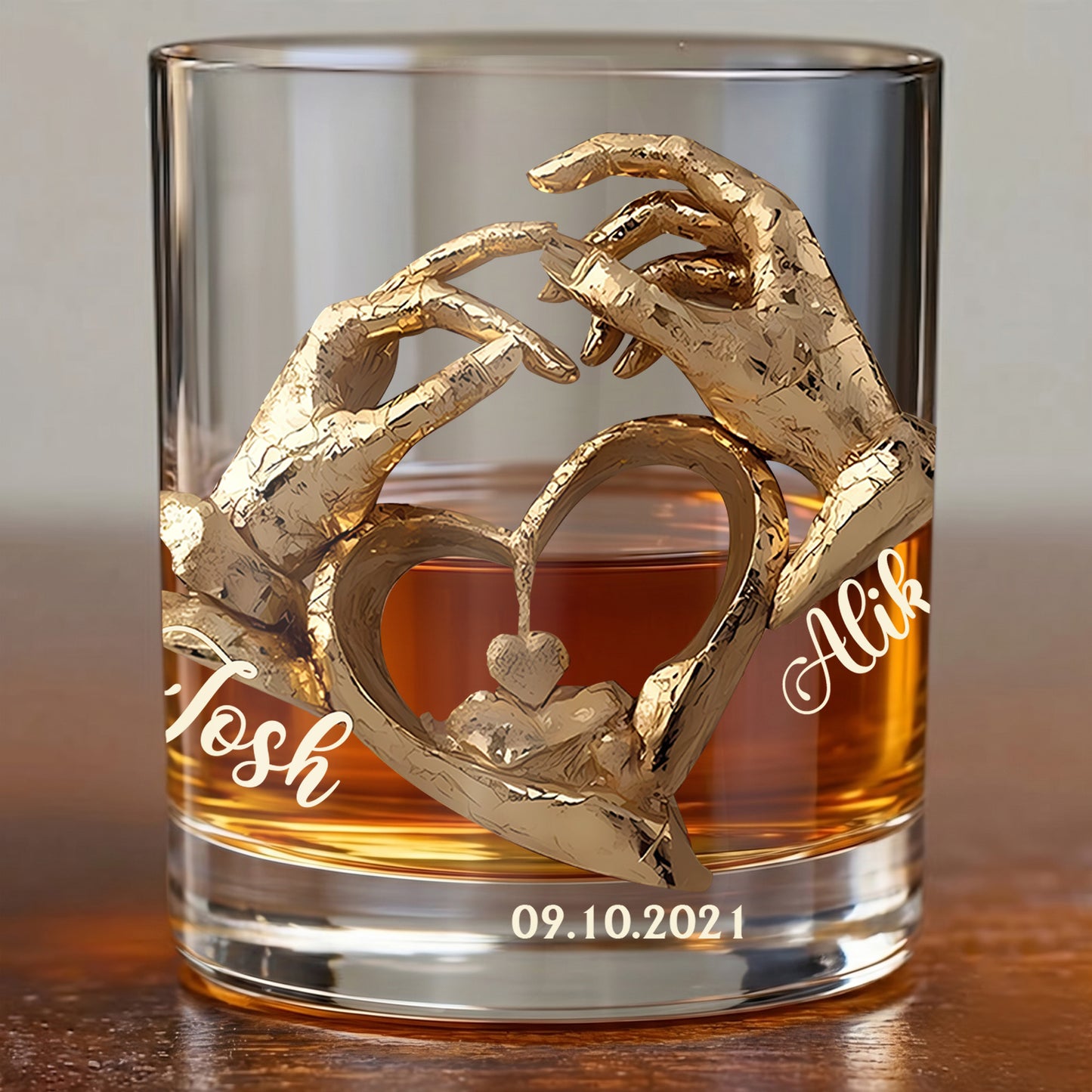Personalized Couple Anniversary Whiskey Glass - Custom Heart Hands Gift