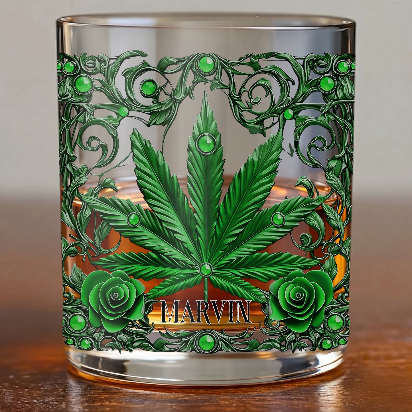 Personalized Marijuana Leaf Whiskey Glass - Custom Ornate Gift