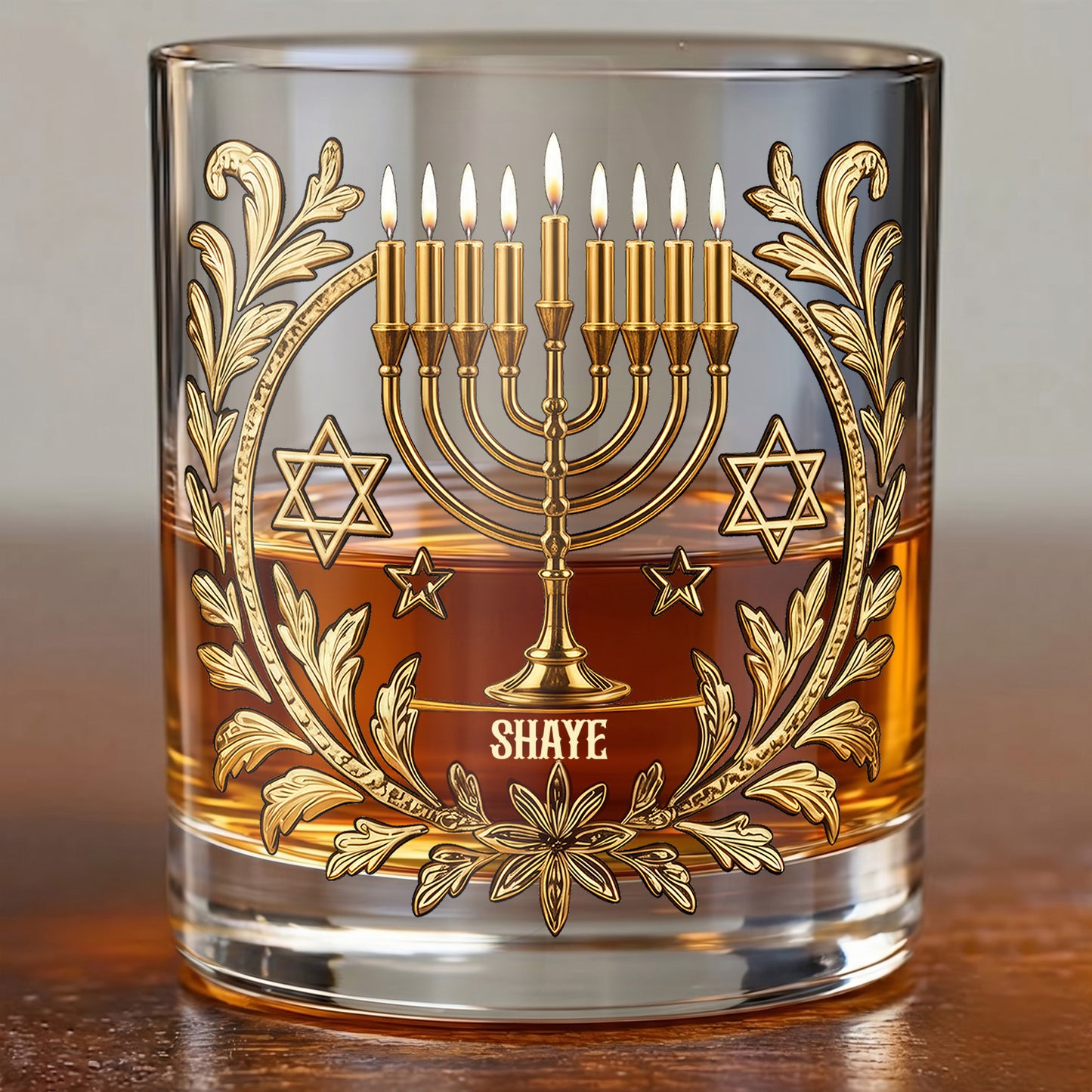 Personalized Hanukkah Whiskey Glass - Custom Holiday Judaica Gift