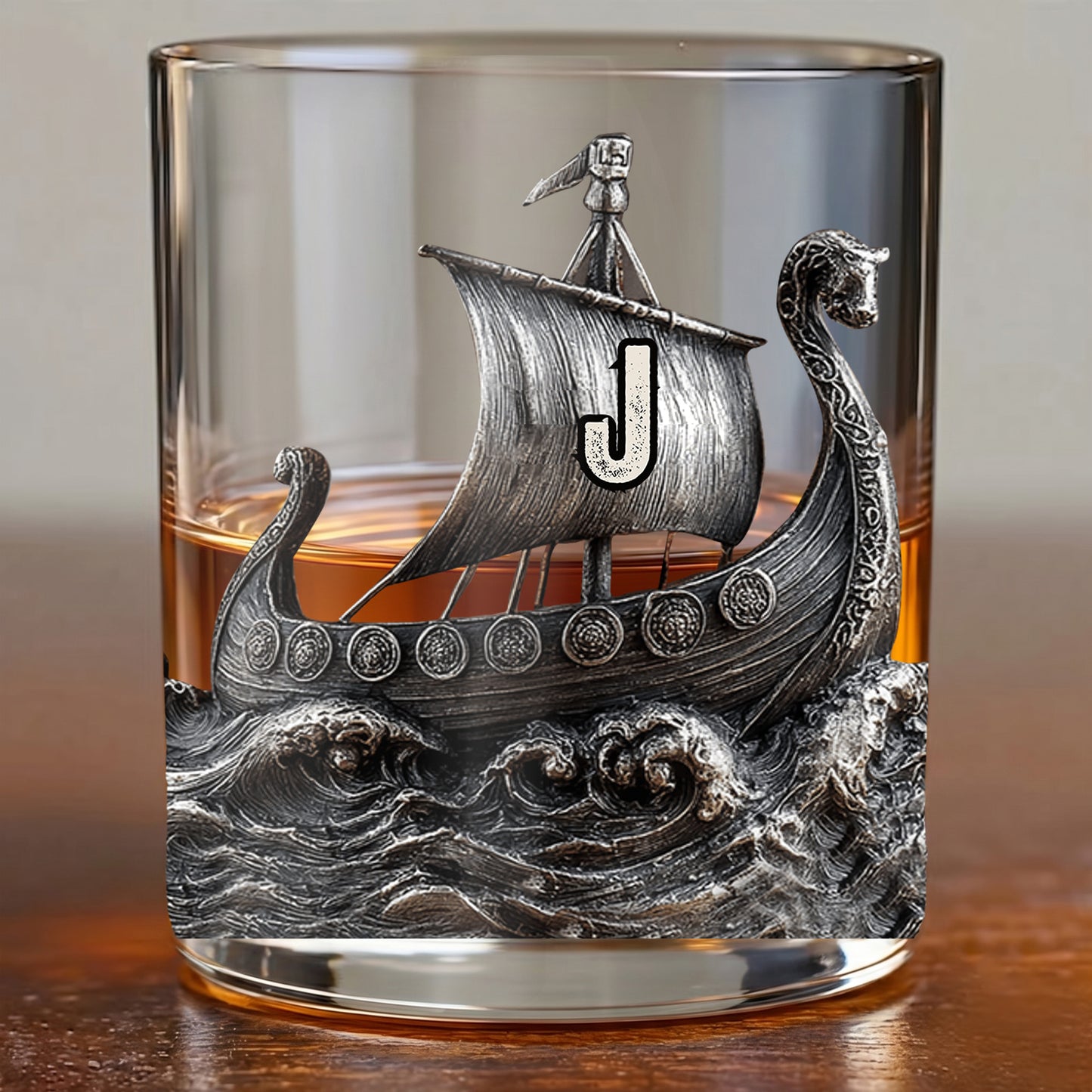 Personalized Viking Ship Whiskey Glass - Custom Norse Gift