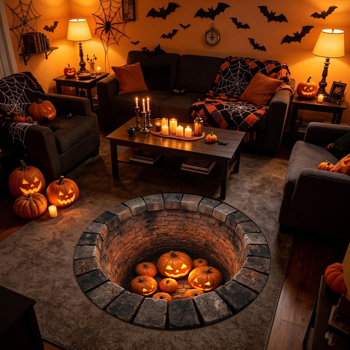 Halloween Round Rug 3D Illusion Brick Pit Pumpkins