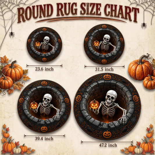 Halloween Round Rug 3D Illusion Skeleton Brick Pit