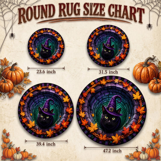 Halloween Round Rug 3D Illusion Black Cat Witch Hat