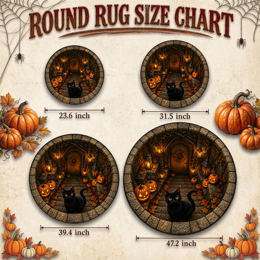 Halloween Round Rug 3D Stone Stairs Black Cat Pumpkins