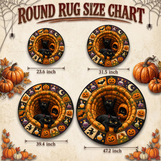 Halloween Round Rug 3D Illusion Black Cats Pumpkins
