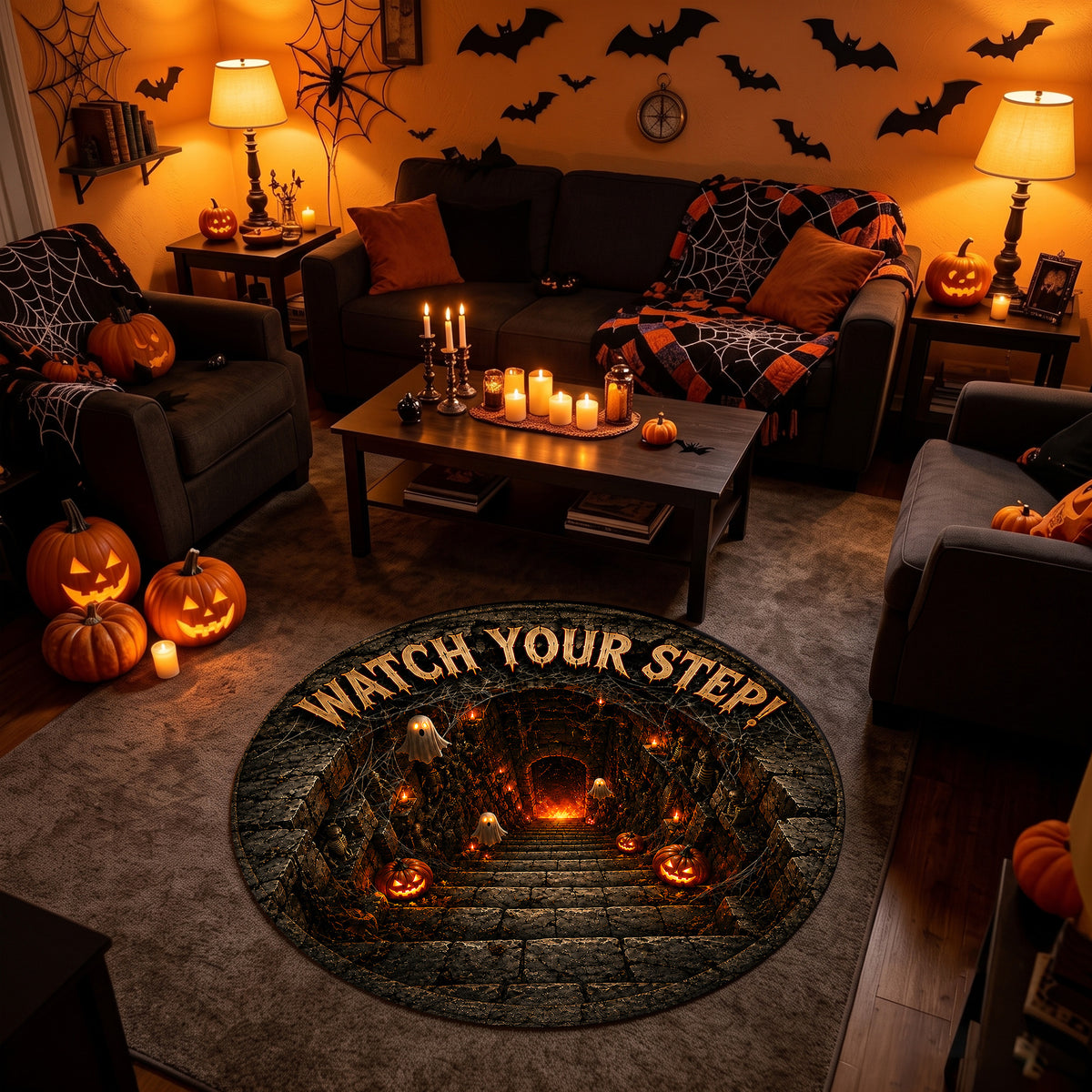 Halloween Round Rug 3D Watch Your Step Stairs