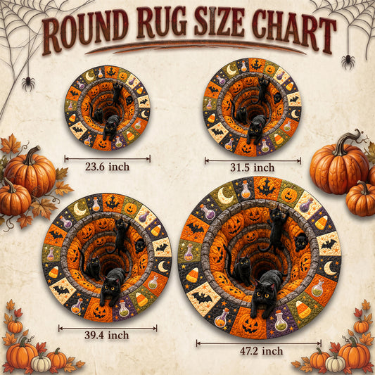 Halloween Round Rug 3D Pumpkin Pit Black Cats Patchwork