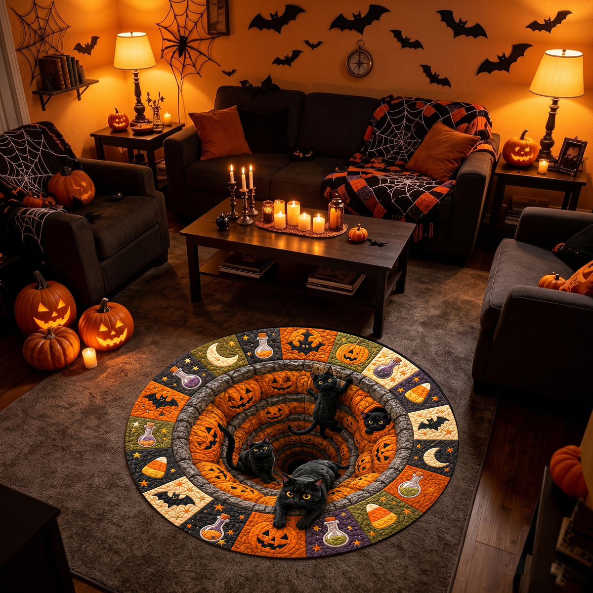 Halloween Round Rug 3D Pumpkin Pit Black Cats Patchwork