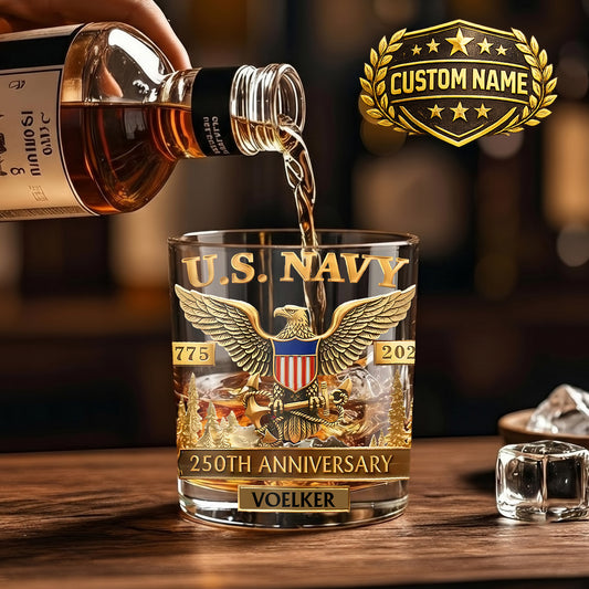 Personalized US Navy Whiskey Glass - 250th Anniversary Gift