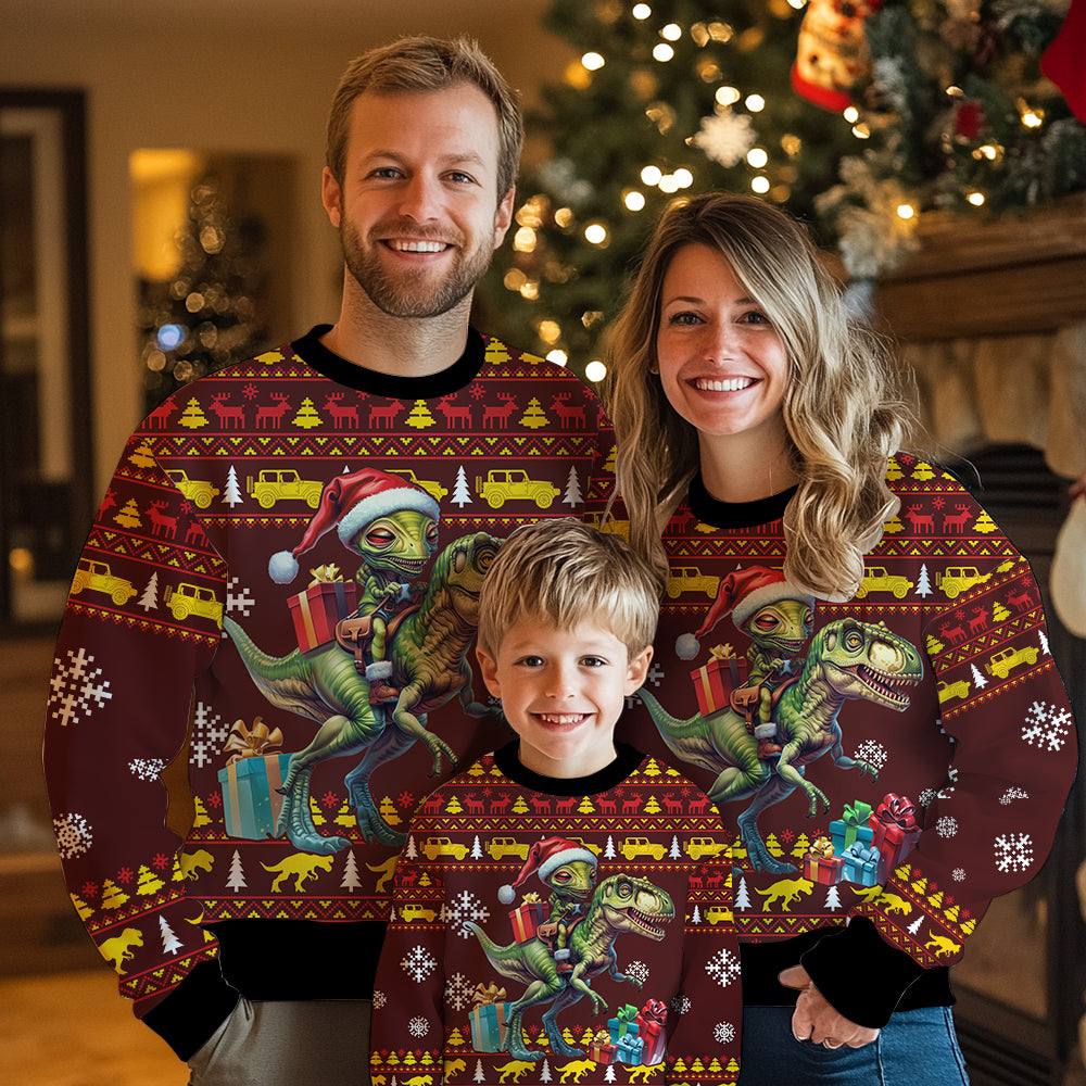 Alien Riding T-Rex Ugly Christmas Sweater
