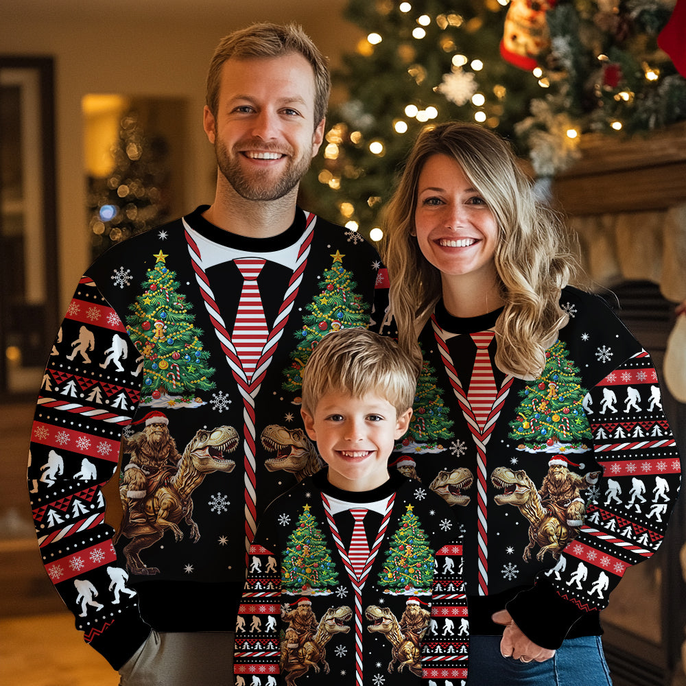 Funny Bigfoot Riding T-Rex Ugly Christmas Sweater