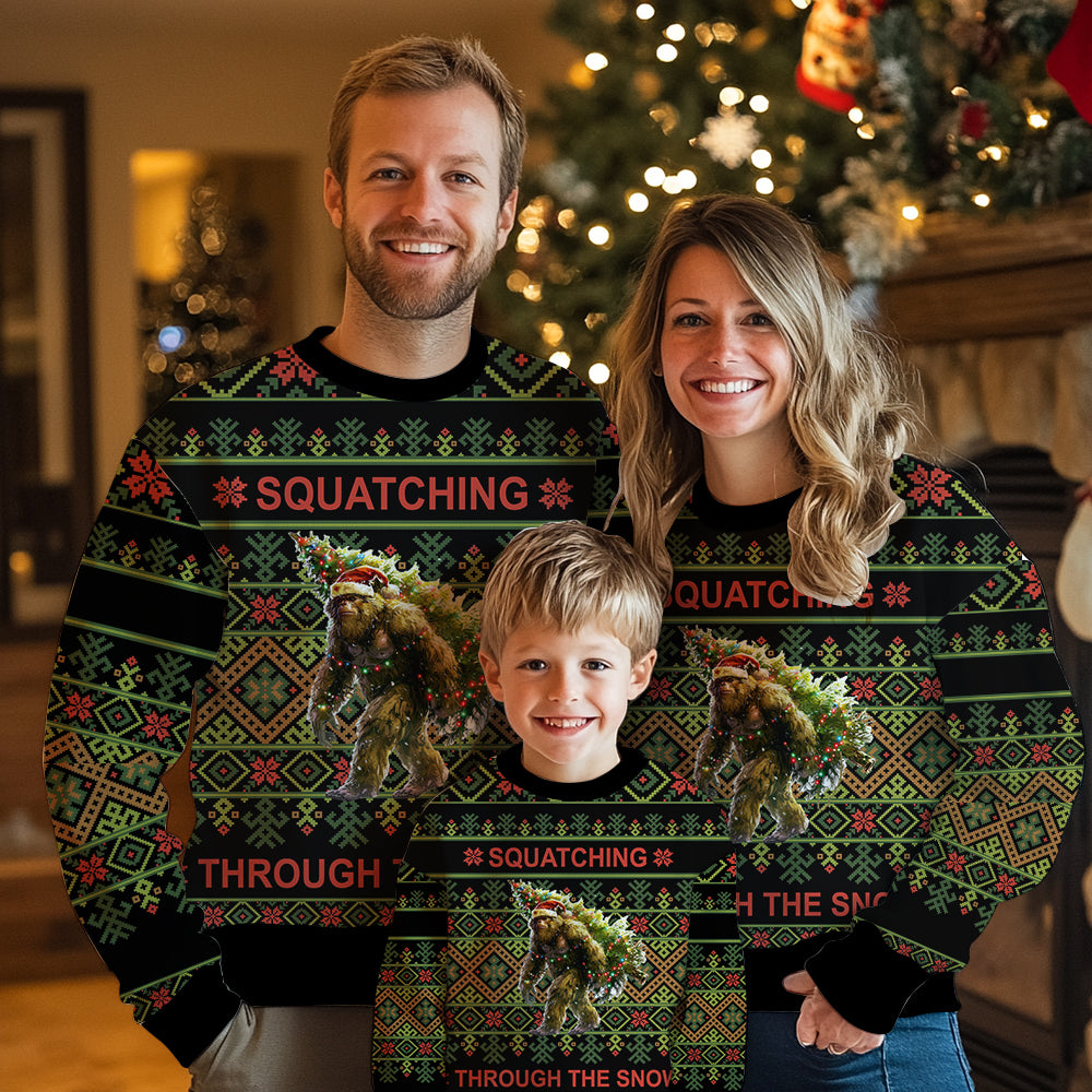Squatching Through The Snow Bigfoot Ugly Christmas Sweater