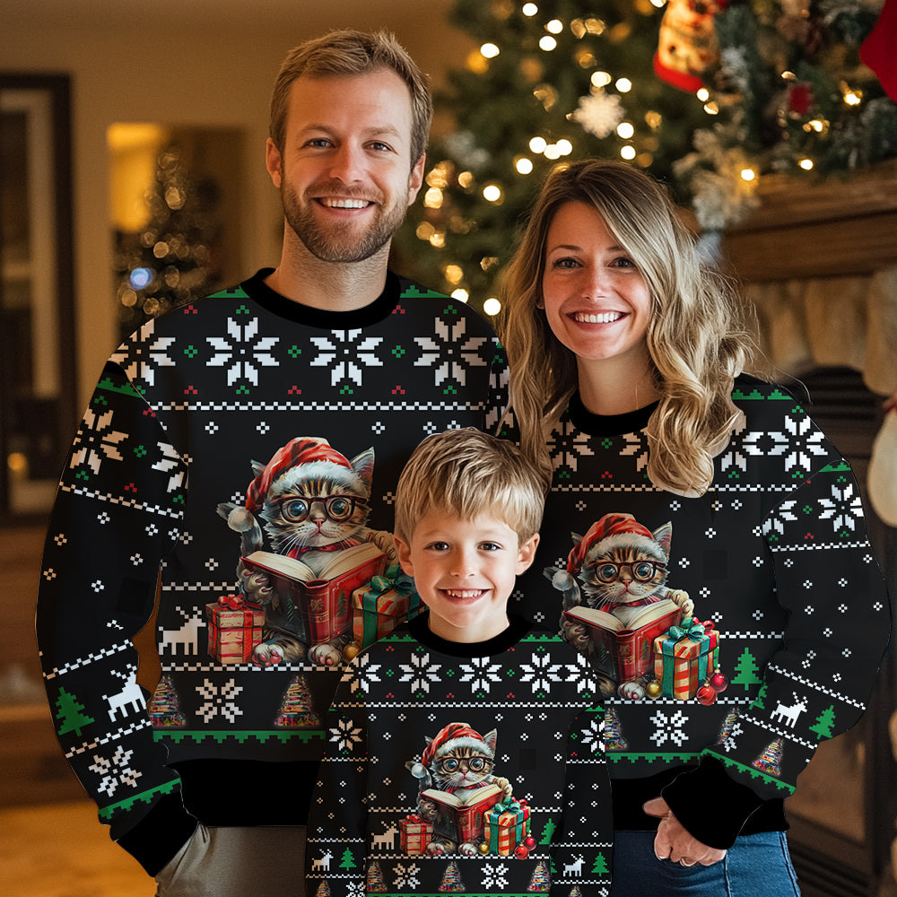 Festive Reading Cat Books Ugly Christmas Sweater