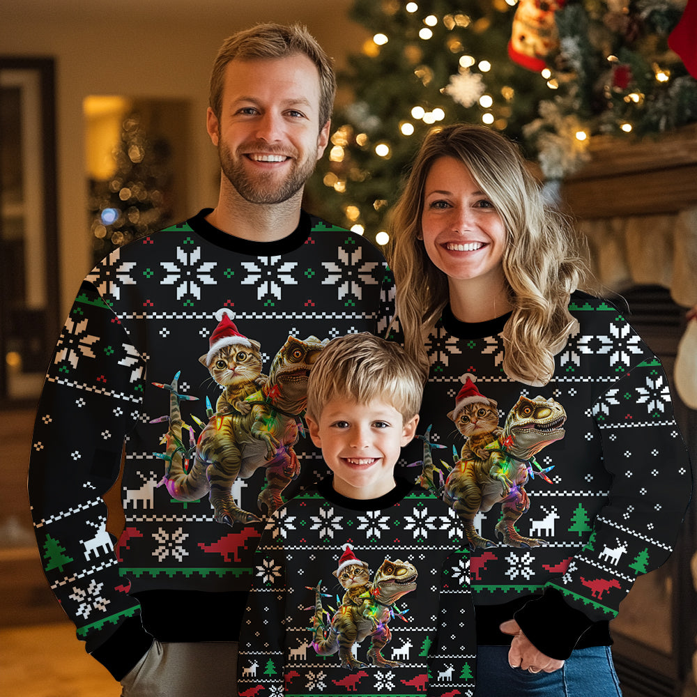 Funny Cat Riding T-Rex Ugly Christmas Sweater
