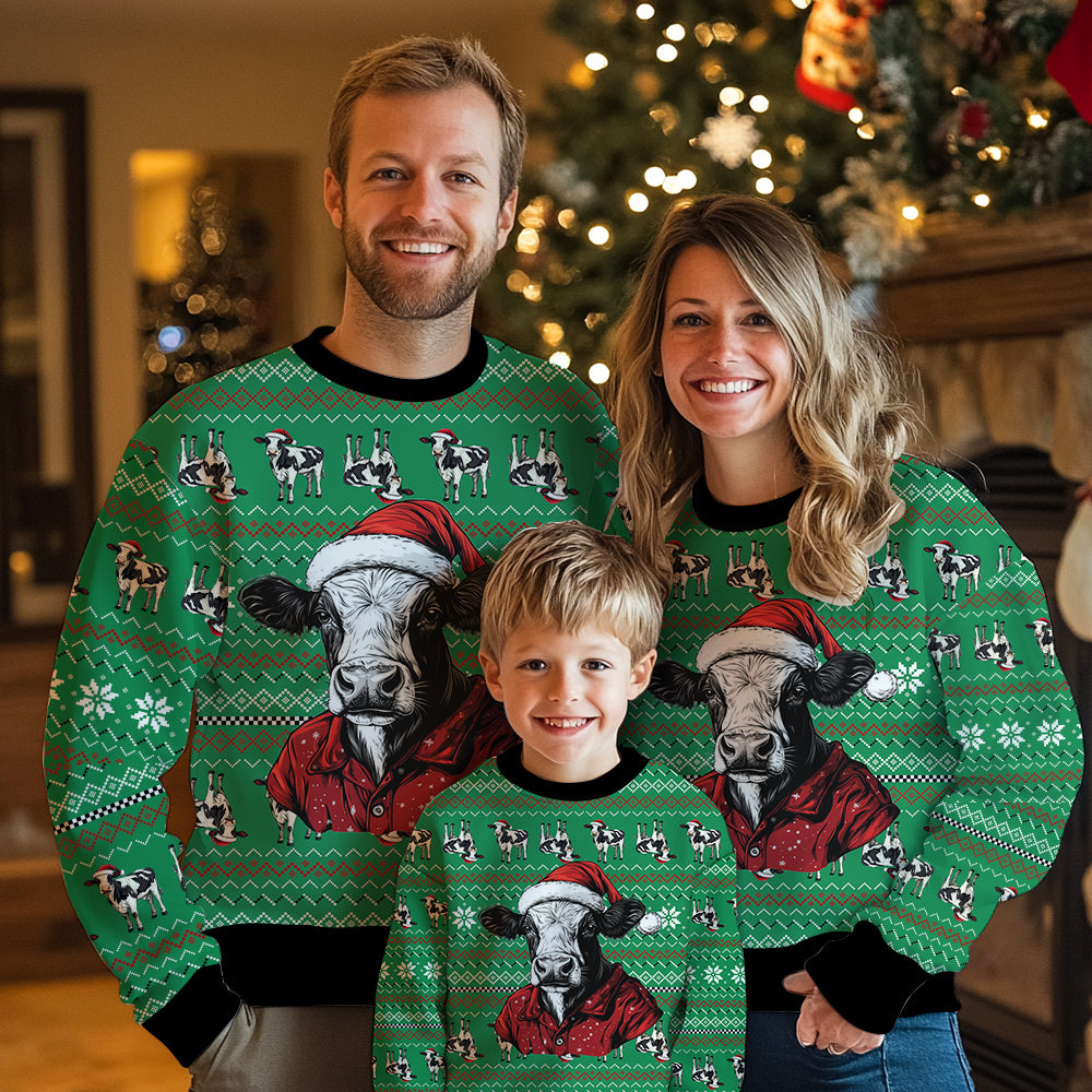 Festive Santa Hat Cow Ugly Christmas Sweater