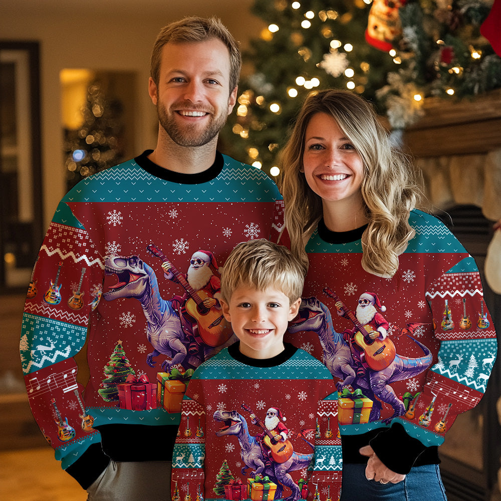 Santa Riding T-Rex and Playing Guitar Ugly Christmas Sweater
