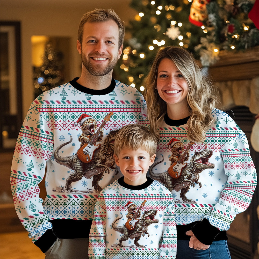 Festive Cat Playing Guitar Riding T-Rex Ugly Christmas Sweater
