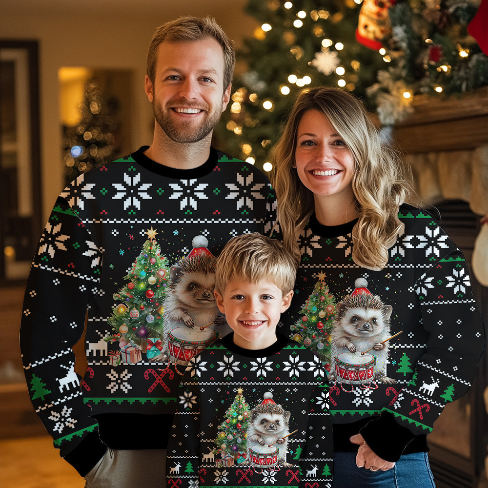 Drummer Hedgehog Christmas Tree Ugly Christmas Sweater