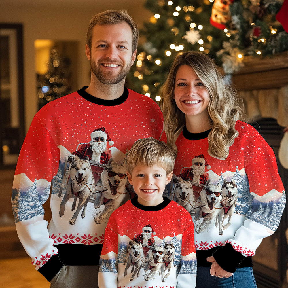 Santa Sled Husky Team Ugly Christmas Sweater