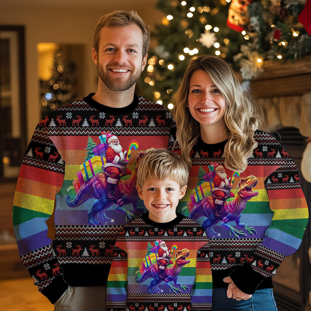 Rainbow Pride Santa Riding T-Rex Ugly Christmas Sweater