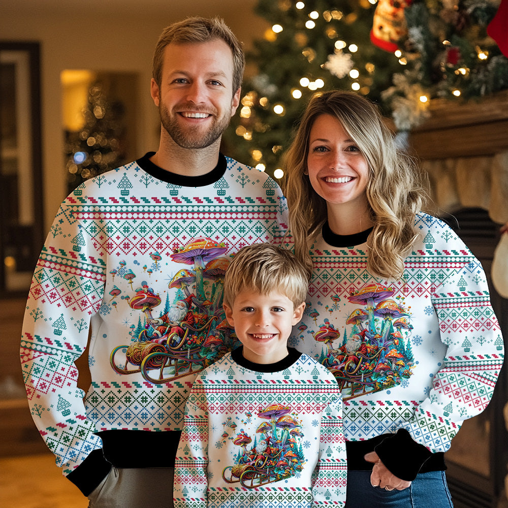 Trippy Psychedelic Mushroom Santa Sleigh Ugly Christmas Sweater
