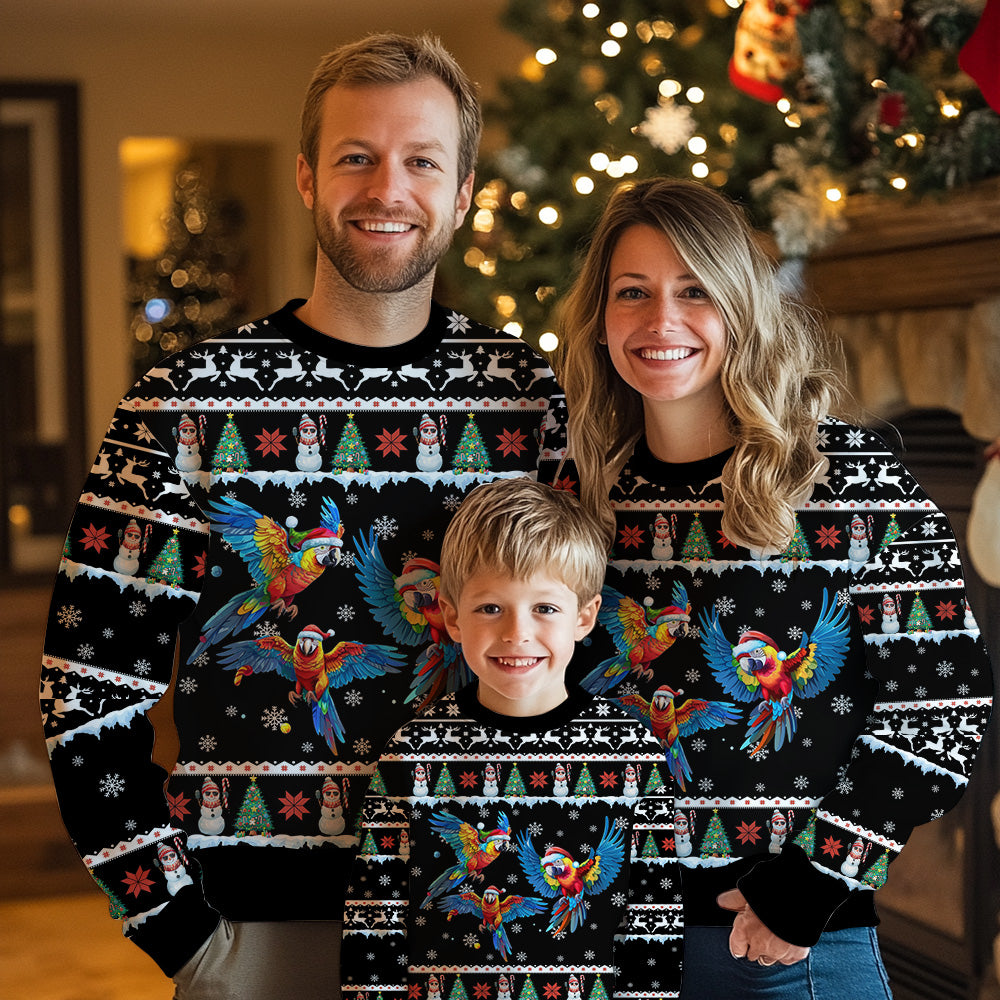 Festive Parrots in Santa Hats Ugly Christmas Sweater