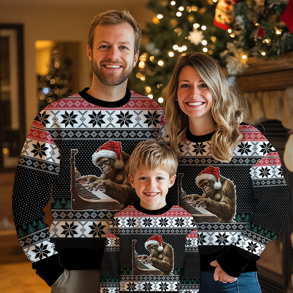 Festive Bigfoot Playing Piano Ugly Christmas Sweater