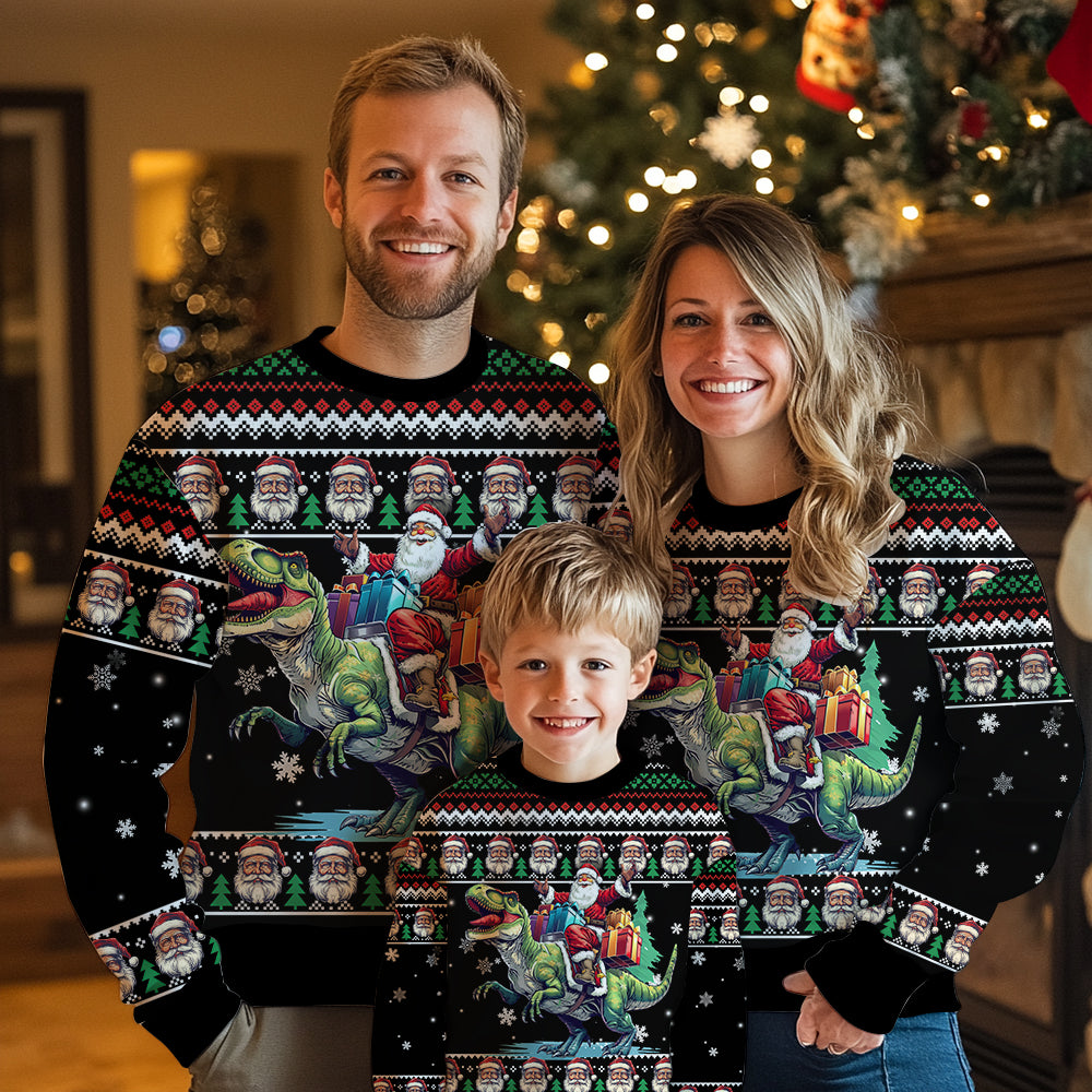 Festive Santa Riding T-Rex Ugly Christmas Sweater