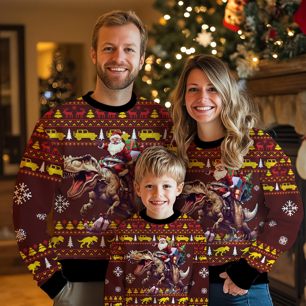 Funny Santa Riding T-Rex Ugly Christmas Sweater