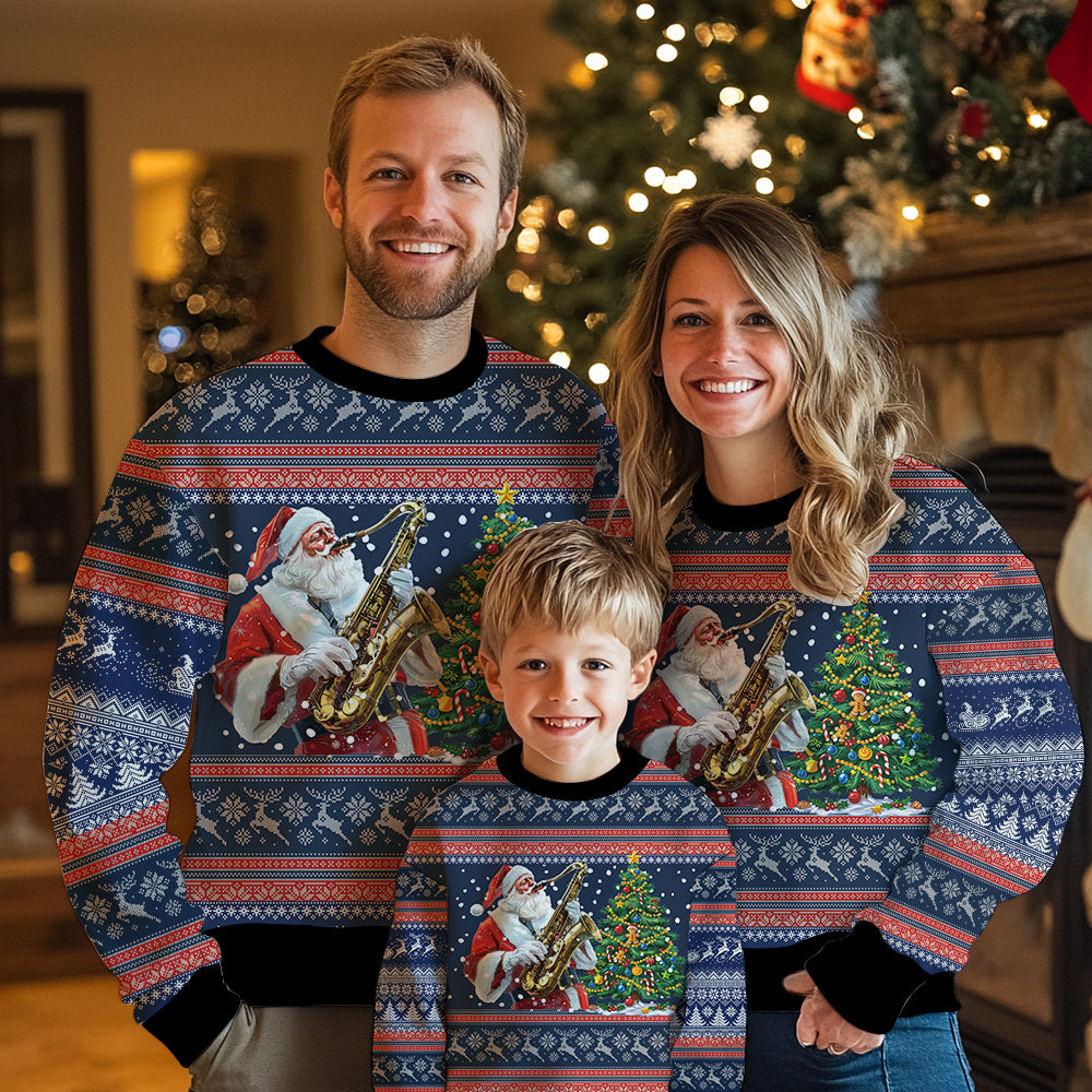 Santa Playing Saxophone Ugly Christmas Sweater