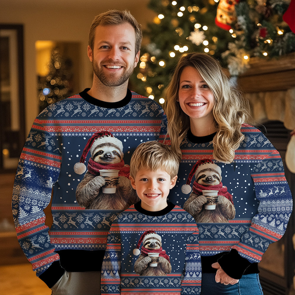 Cozy Sloth Drinking Coffee Ugly Christmas Sweater
