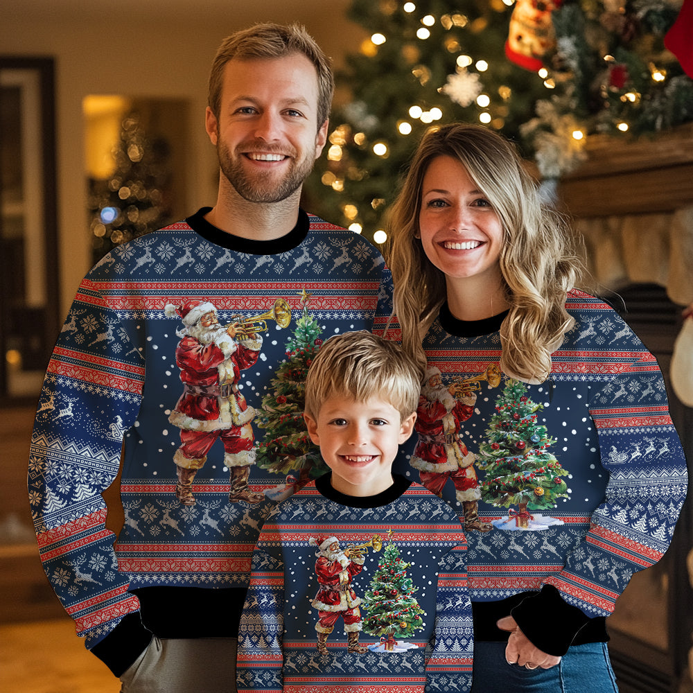 Santa Playing Trumpet Ugly Christmas Sweater