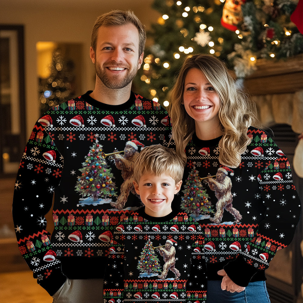 Bigfoot Playing Trumpet Ugly Christmas Sweater