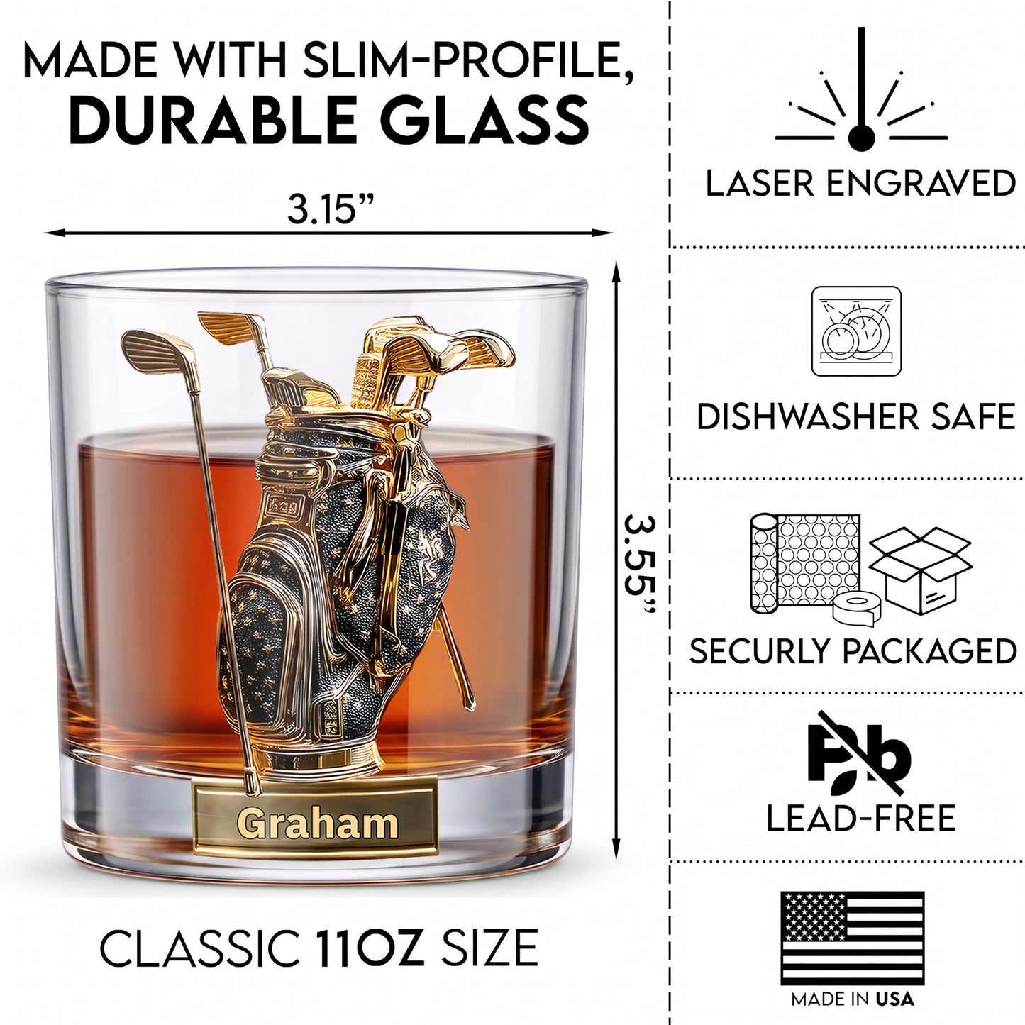 Personalized Golf Bag Whiskey Glass - Custom Name Golfer Gift