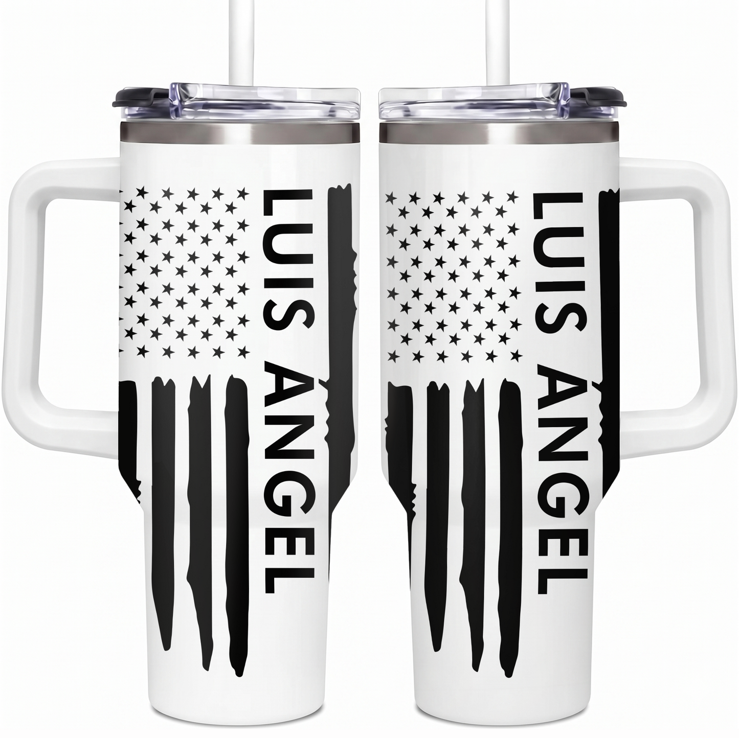 Custom Name Tumbler 40oz with Handle, American Flag Eagle Travel Mug, Personalized Double Wall Insulated Cup, Military Veteran Gifts