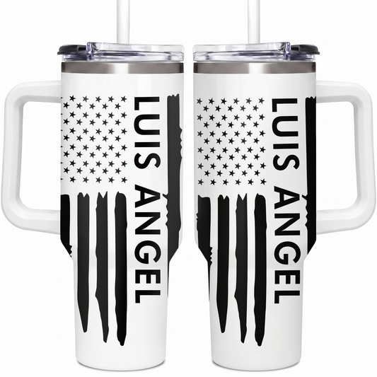 Custom Name Tumbler 40oz with Handle, American Flag Eagle Travel Mug, Personalized Double Wall Insulated Cup, Military Veteran Gifts