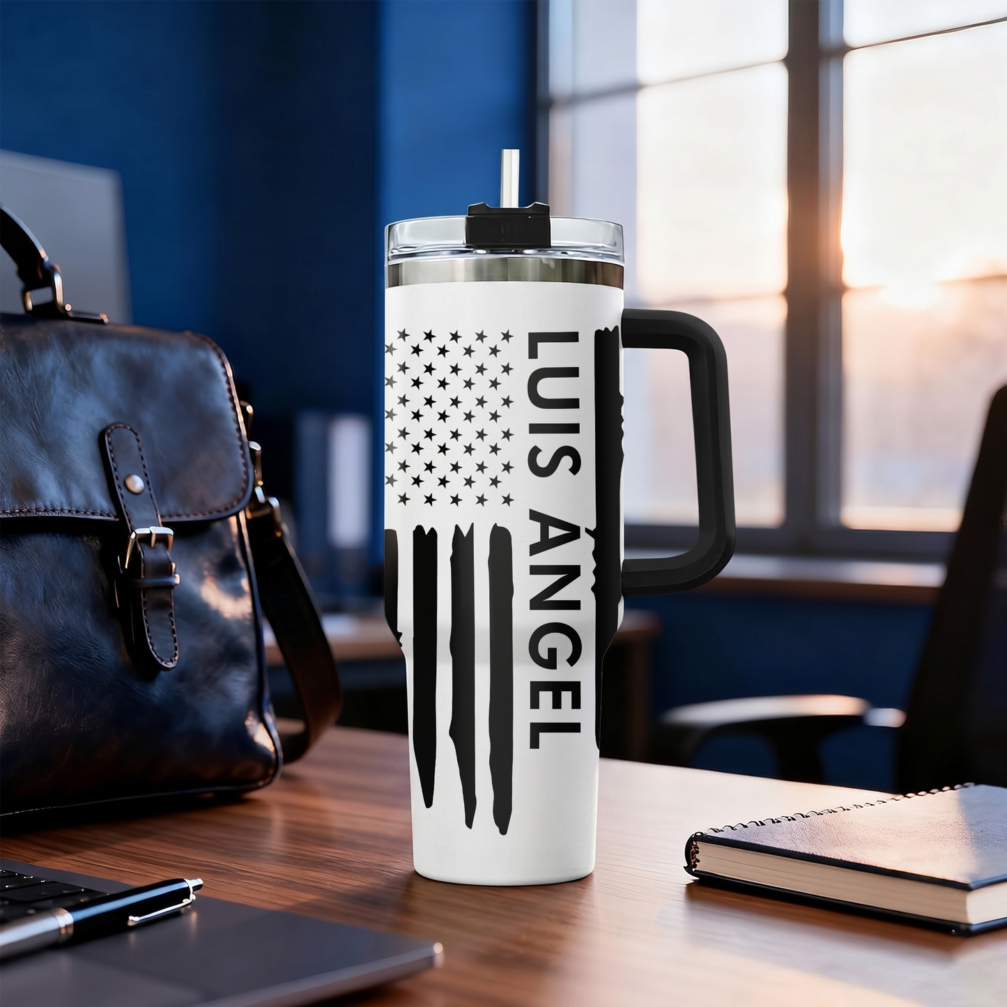 Custom Name Tumbler 40oz with Handle, American Flag Eagle Travel Mug, Personalized Double Wall Insulated Cup, Military Veteran Gifts