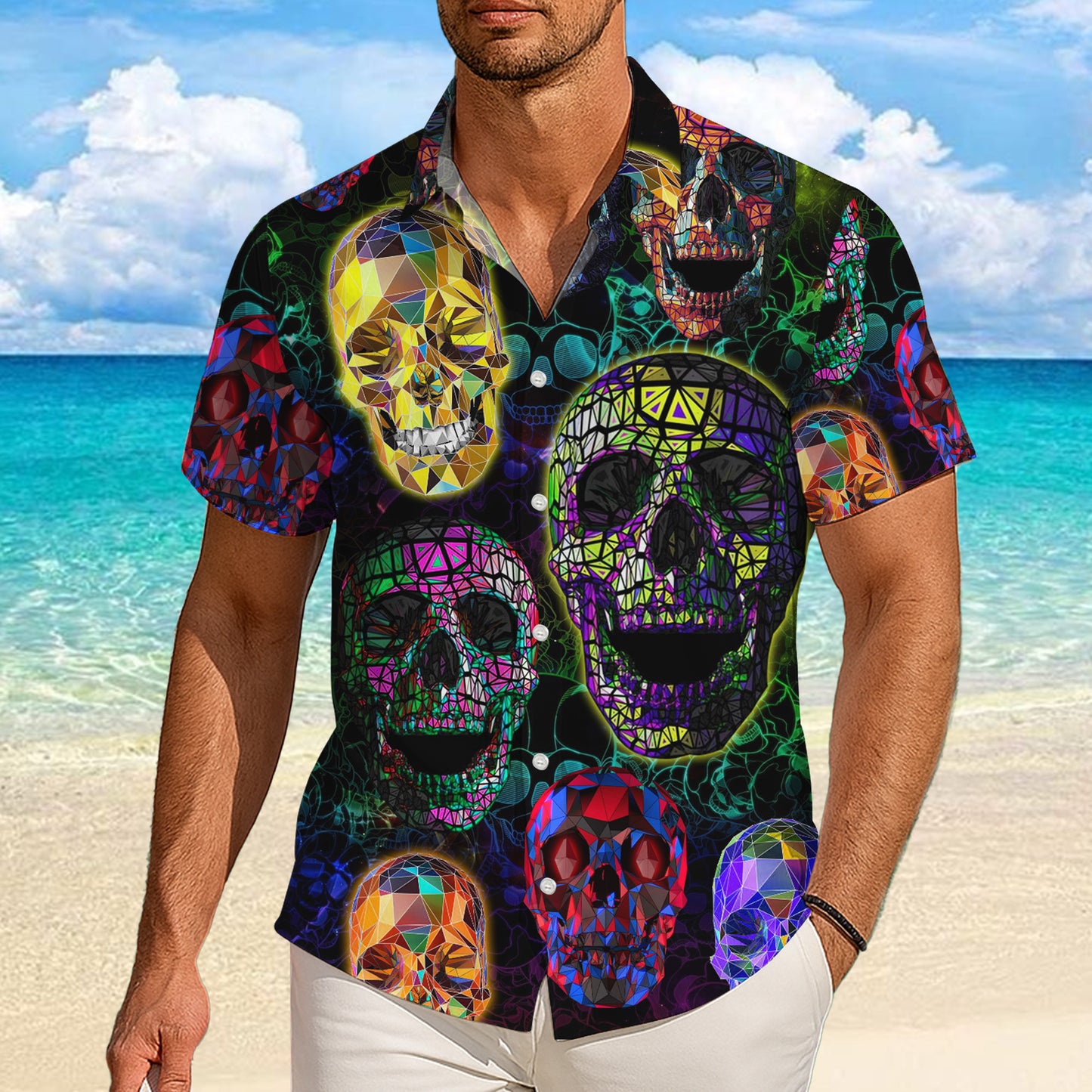 Colorful Geometric Skull Hawaiian Shirt for Men & Women Dark Aloha