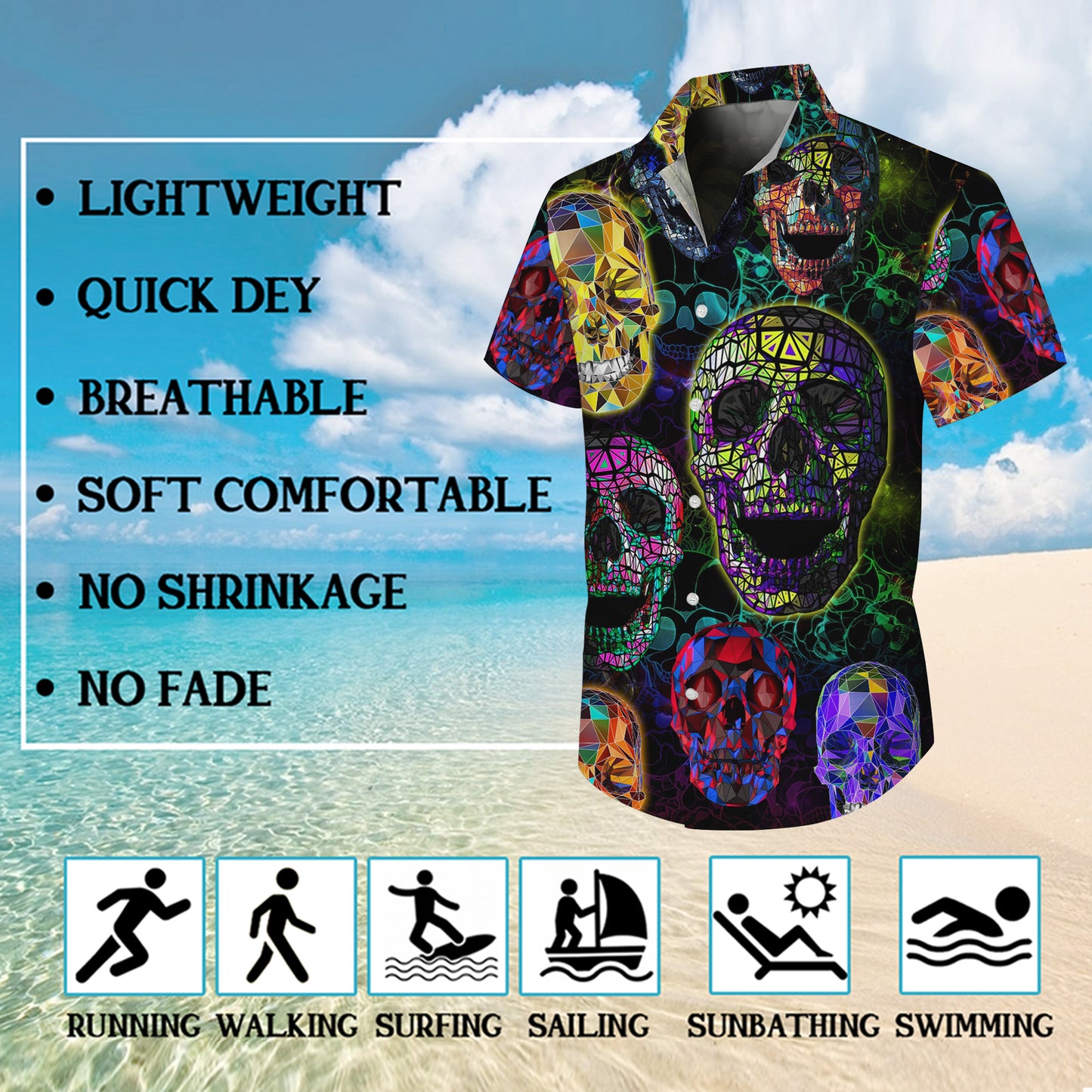 Colorful Geometric Skull Hawaiian Shirt for Men & Women Dark Aloha