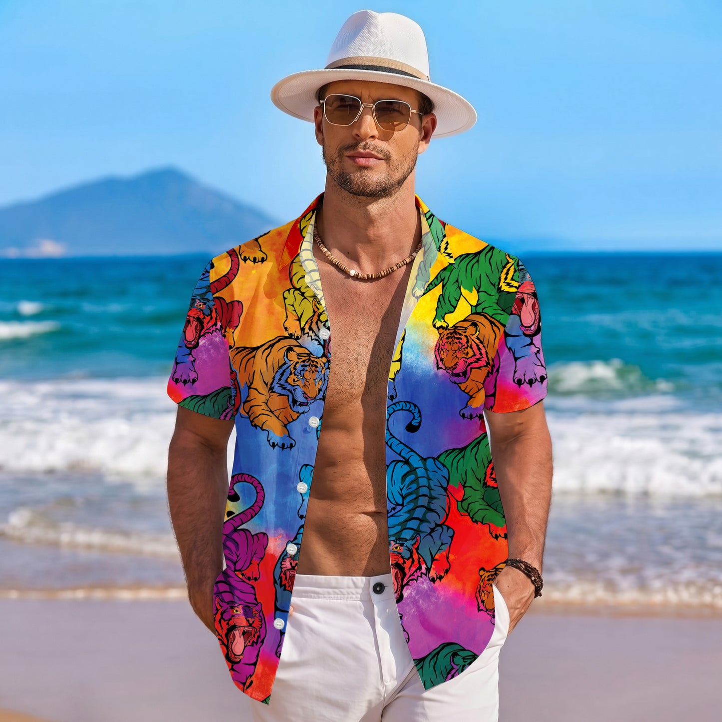 Colorful Rainbow Tiger Hawaiian Shirt for Men & Women Wild Animal Aloha