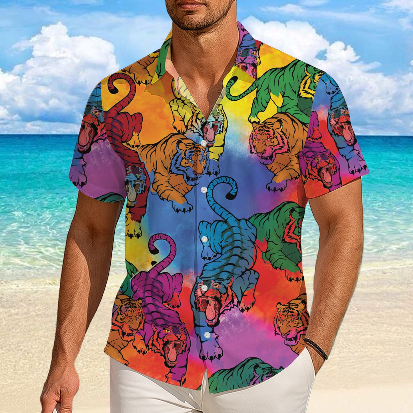 Colorful Rainbow Tiger Hawaiian Shirt for Men & Women Wild Animal Aloha