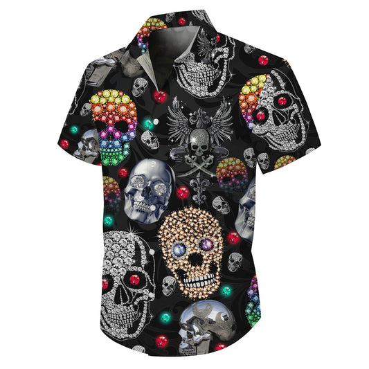 Bejeweled Diamond Skull Hawaiian Shirt for Men & Women Gothic Dark Aloha