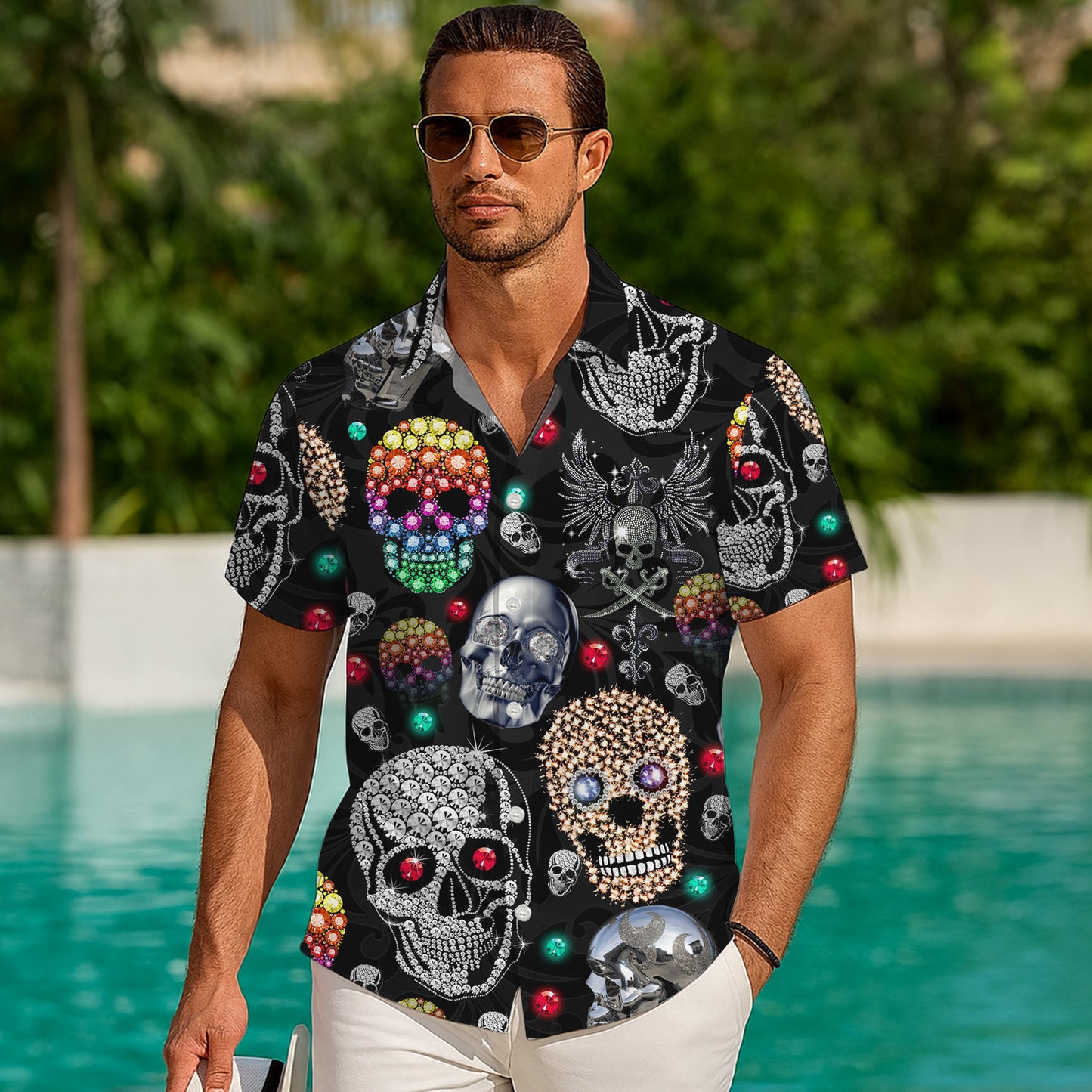 Bejeweled Diamond Skull Hawaiian Shirt for Men & Women Gothic Dark Aloha