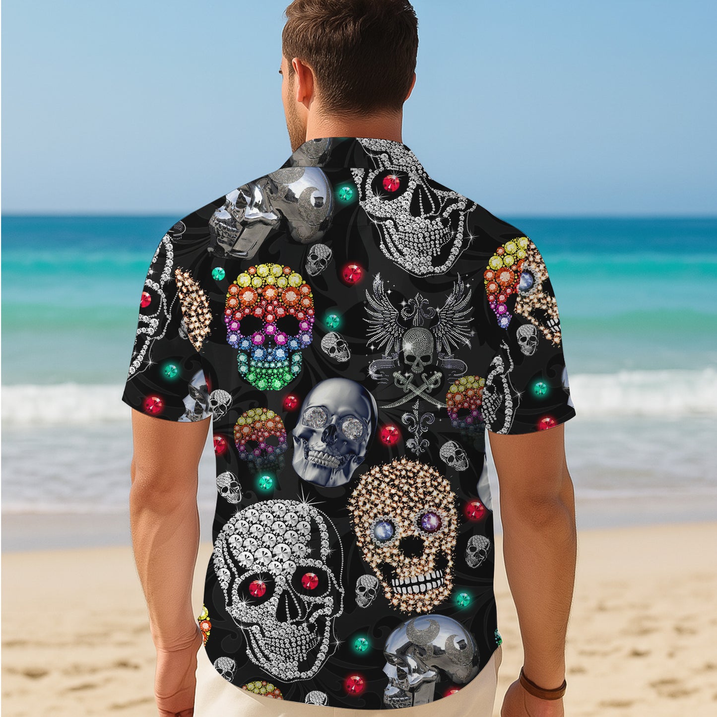 Bejeweled Diamond Skull Hawaiian Shirt for Men & Women Gothic Dark Aloha