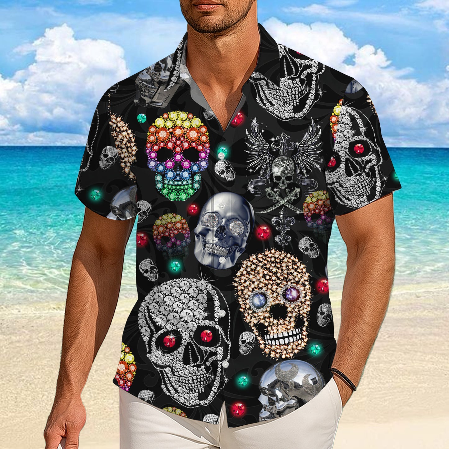 Bejeweled Diamond Skull Hawaiian Shirt for Men & Women Gothic Dark Aloha