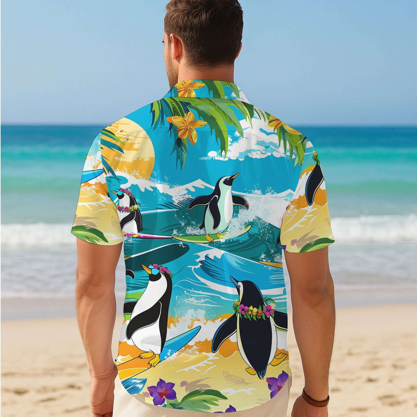 Penguin Hawaiian Shirt, Aloha Button Up Shirt for Men & Women, Tropical Short Sleeve Beach Vacation Summer Casual Shirt - 002