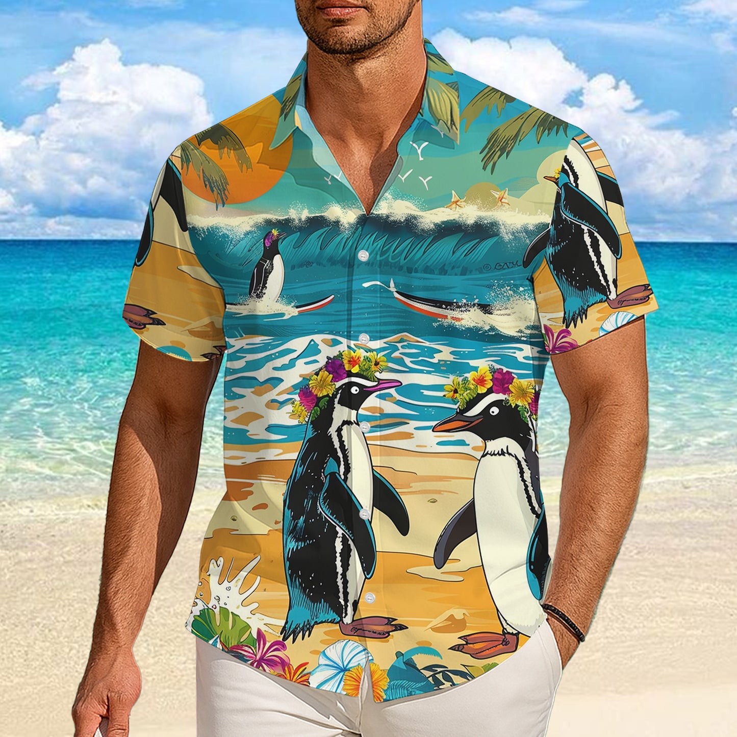 Penguin Hawaiian Shirt, Aloha Button Up Shirt for Men & Women, Tropical Short Sleeve Beach Vacation Summer Casual Shirt - 003