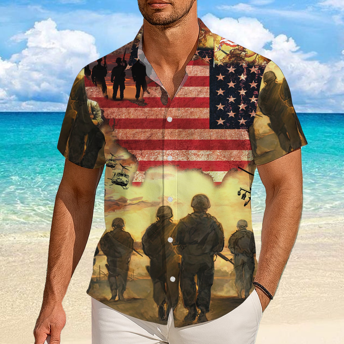 Patriotic Veteran Soldier Hawaiian Shirt for Men & Women USA Flag Aloha